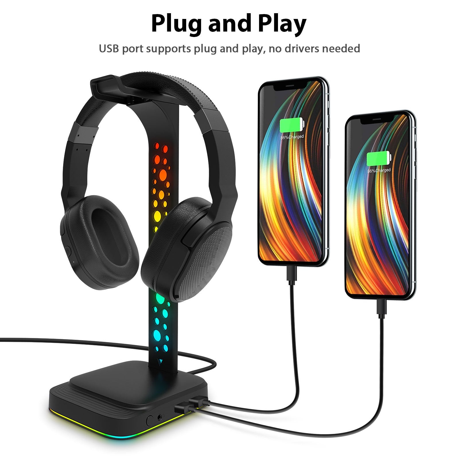 Headphone Stand RGB Gaming Headset Stand with 3.5mm AUX & 2 USB Charging Ports Earphones Holder with 10 Light Modes Headset Holder for Gamers PC