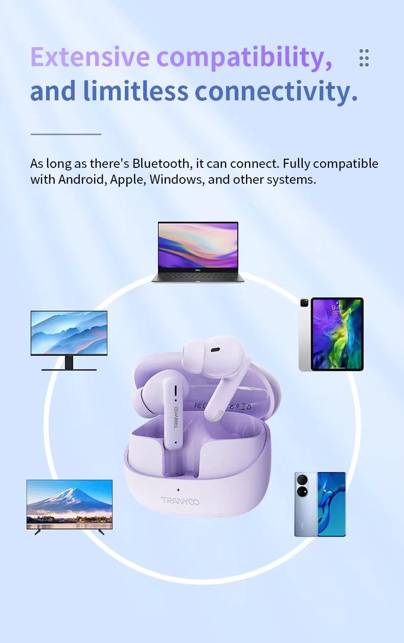 M26 TRANYOO TWS Bluetooth 5.3 Wireless Bluetooth Earphone Sports Waterproof Gaming Earpod Touch Stereo Headset With Mic Purple