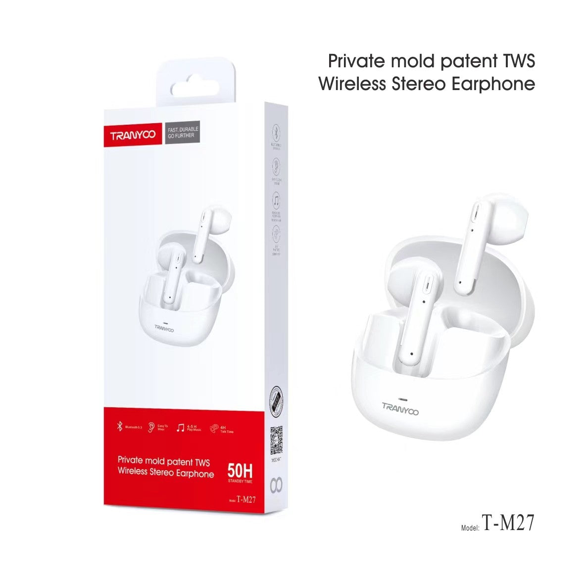 M27 TRANYOO TWS Bluetooth 5.3 Wireless Bluetooth Earphone Sports Waterproof Gaming Earpod Touch Stereo Headset With Mic White