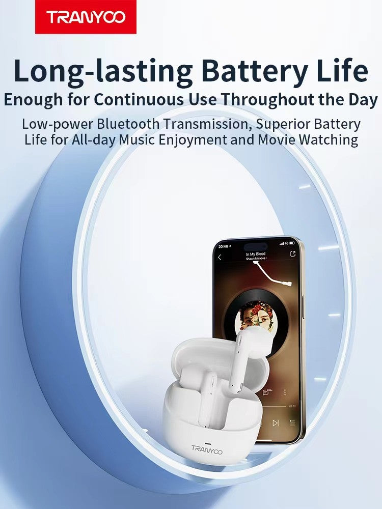 M27 TRANYOO TWS Bluetooth 5.3 Wireless Bluetooth Earphone Sports Waterproof Gaming Earpod Touch Stereo Headset With Mic White