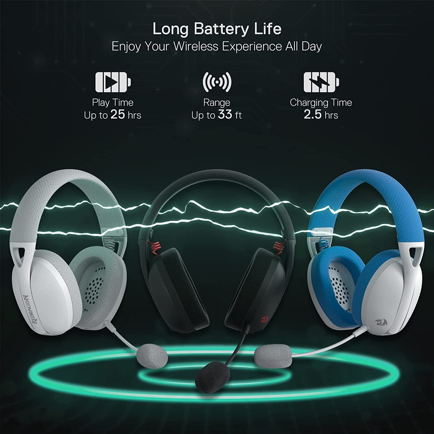 Redragon H848 Bluetooth Wireless Gaming Headset - Lightweight - 7.1 Surround Sound - 40MM Drivers - Detachable Microphone, Blue
