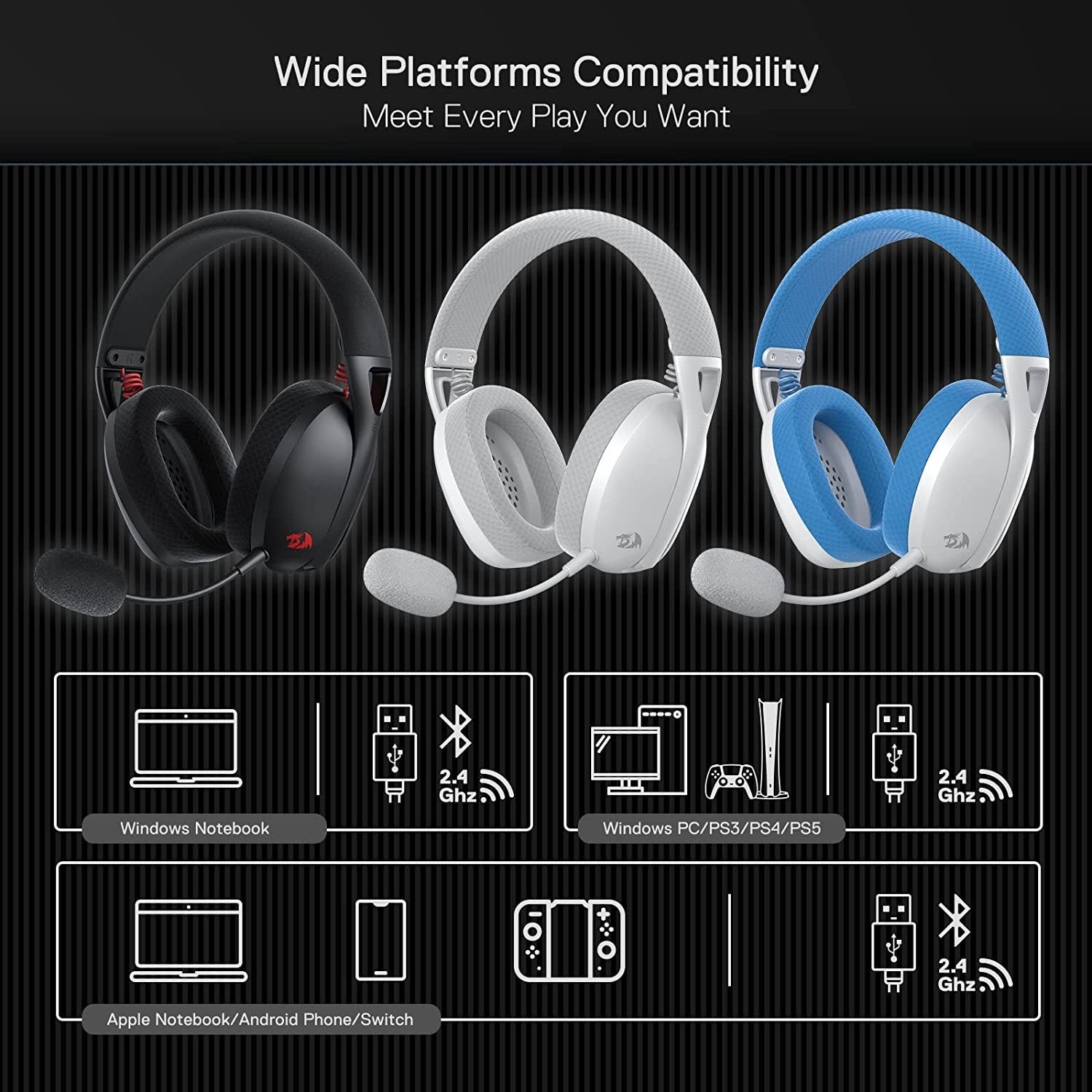 Redragon H848 Bluetooth Wireless Gaming Headset - Lightweight - 7.1 Surround Sound - 40MM Drivers - Detachable Microphone, Blue