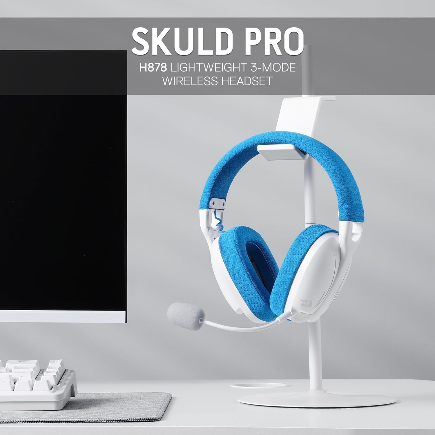 Redragon H878 3-Mode Wireless Blue Lighting Gaming Headset - Lightweight - 7.1 Surround Sound - 40MM Drivers - Detachable Microphone, White&Blue