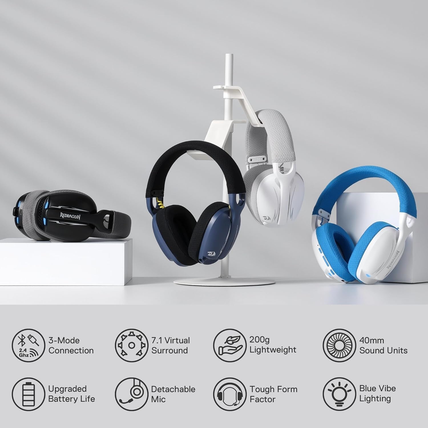 Redragon H878 3-Mode Wireless Blue Lighting Gaming Headset - Lightweight - 7.1 Surround Sound - 40MM Drivers - Detachable Microphone, White&Blue