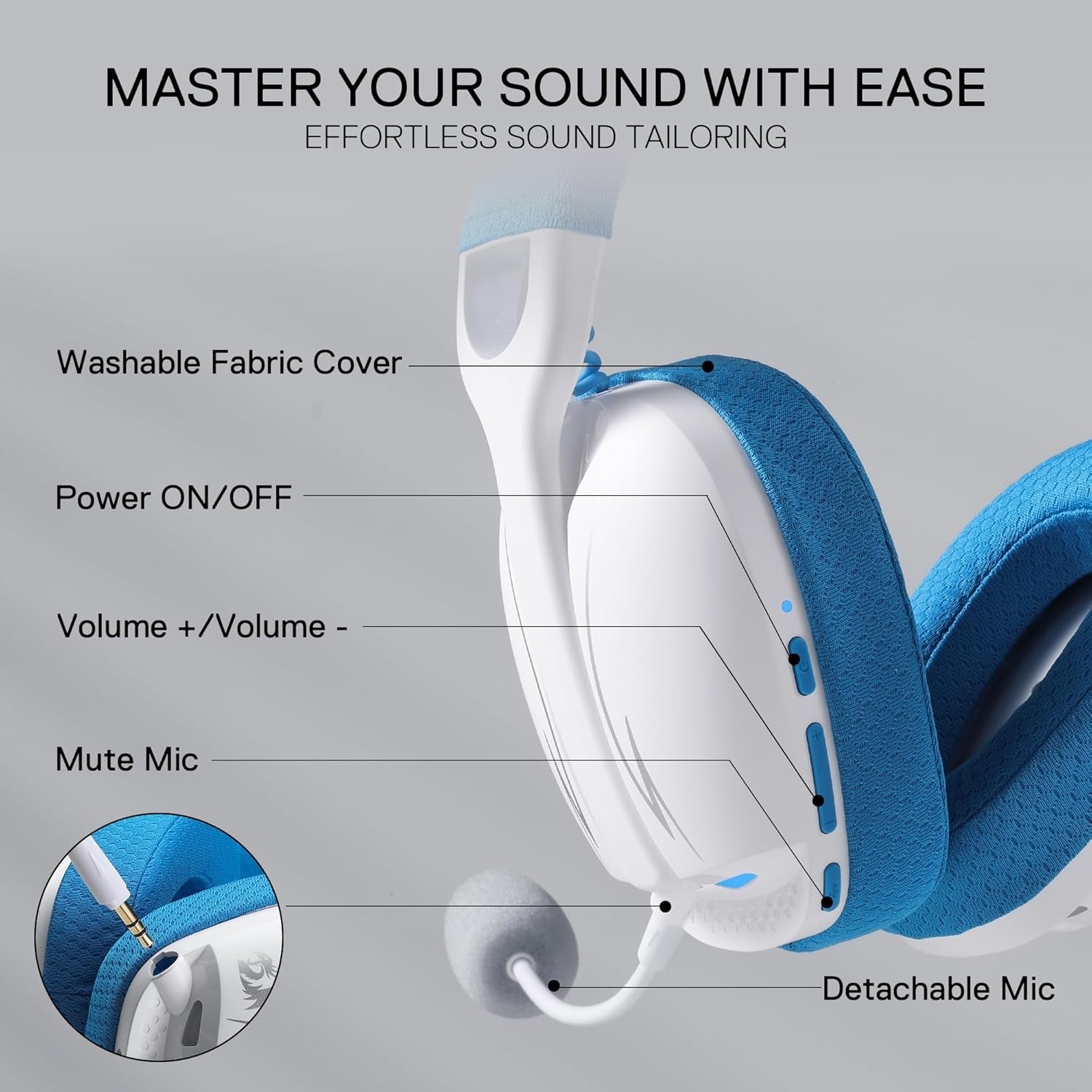 Redragon H878 3-Mode Wireless Blue Lighting Gaming Headset - Lightweight - 7.1 Surround Sound - 40MM Drivers - Detachable Microphone, White&Blue