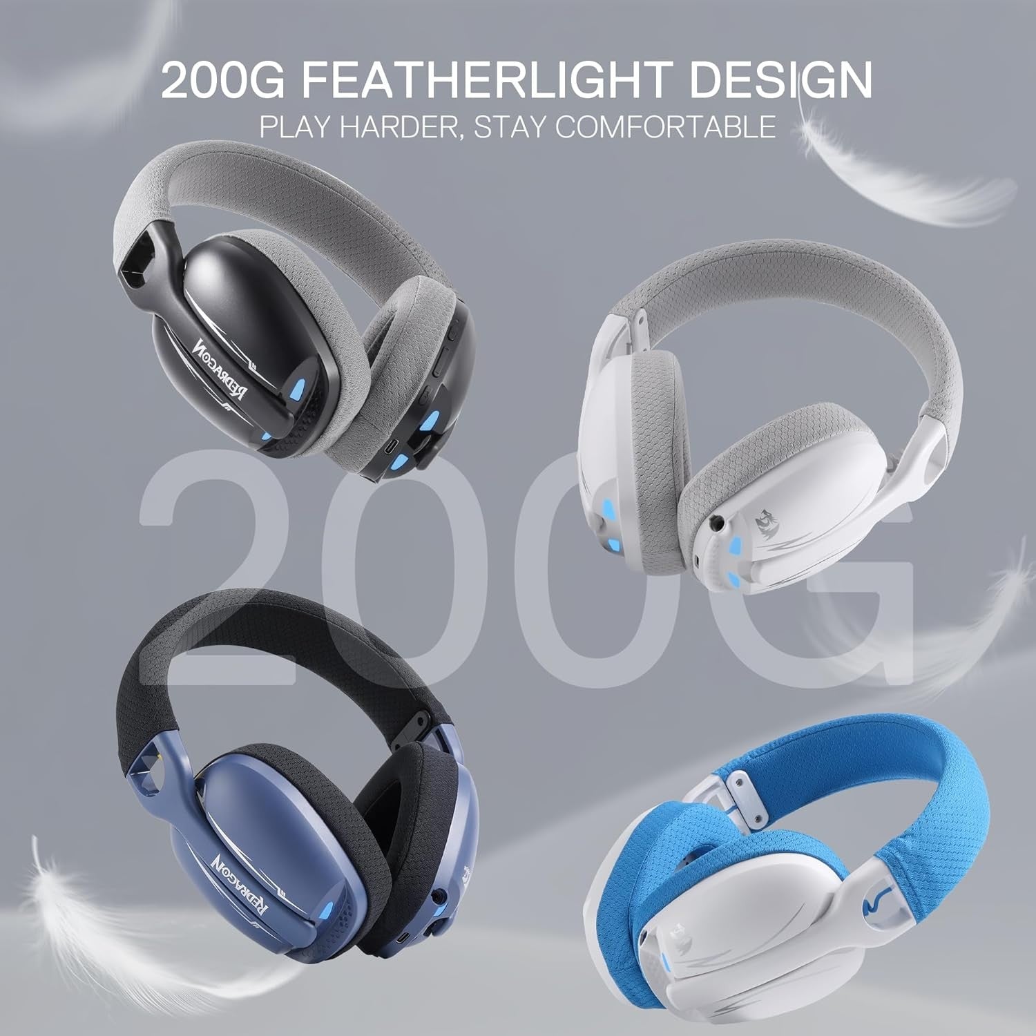 Redragon H878 3-Mode Wireless Blue Lighting Gaming Headset - Lightweight - 7.1 Surround Sound - 40MM Drivers - Detachable Microphone, White&Blue