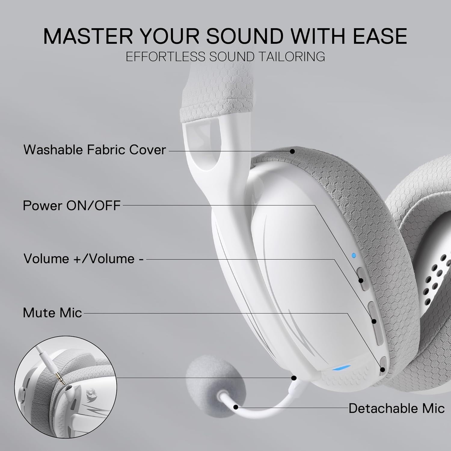 Redragon H878 3-Mode Wireless Blue Lighting Gaming Headset - Lightweight - 7.1 Surround Sound - 40MM Drivers - Detachable Microphone,White&Gray