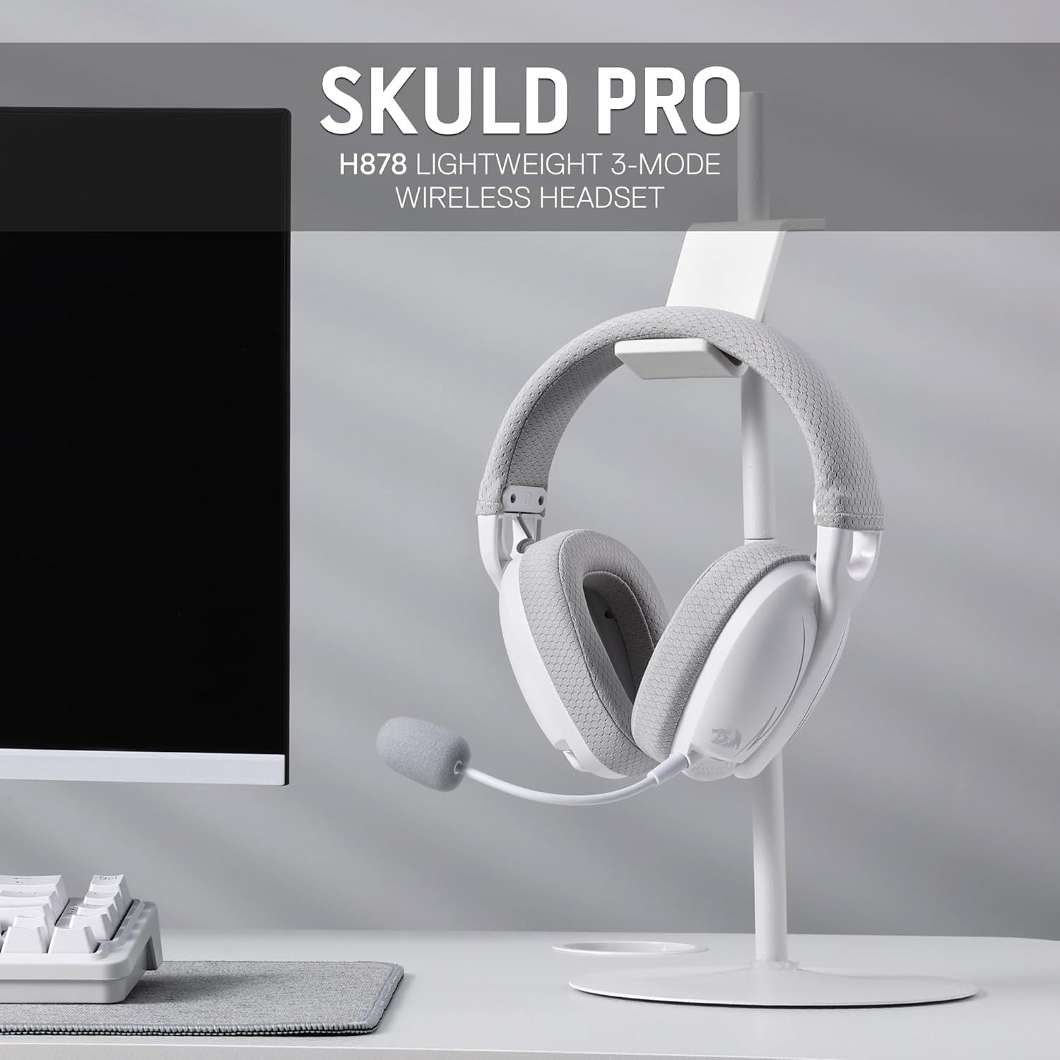 Redragon H878 3-Mode Wireless Blue Lighting Gaming Headset - Lightweight - 7.1 Surround Sound - 40MM Drivers - Detachable Microphone,White&Gray