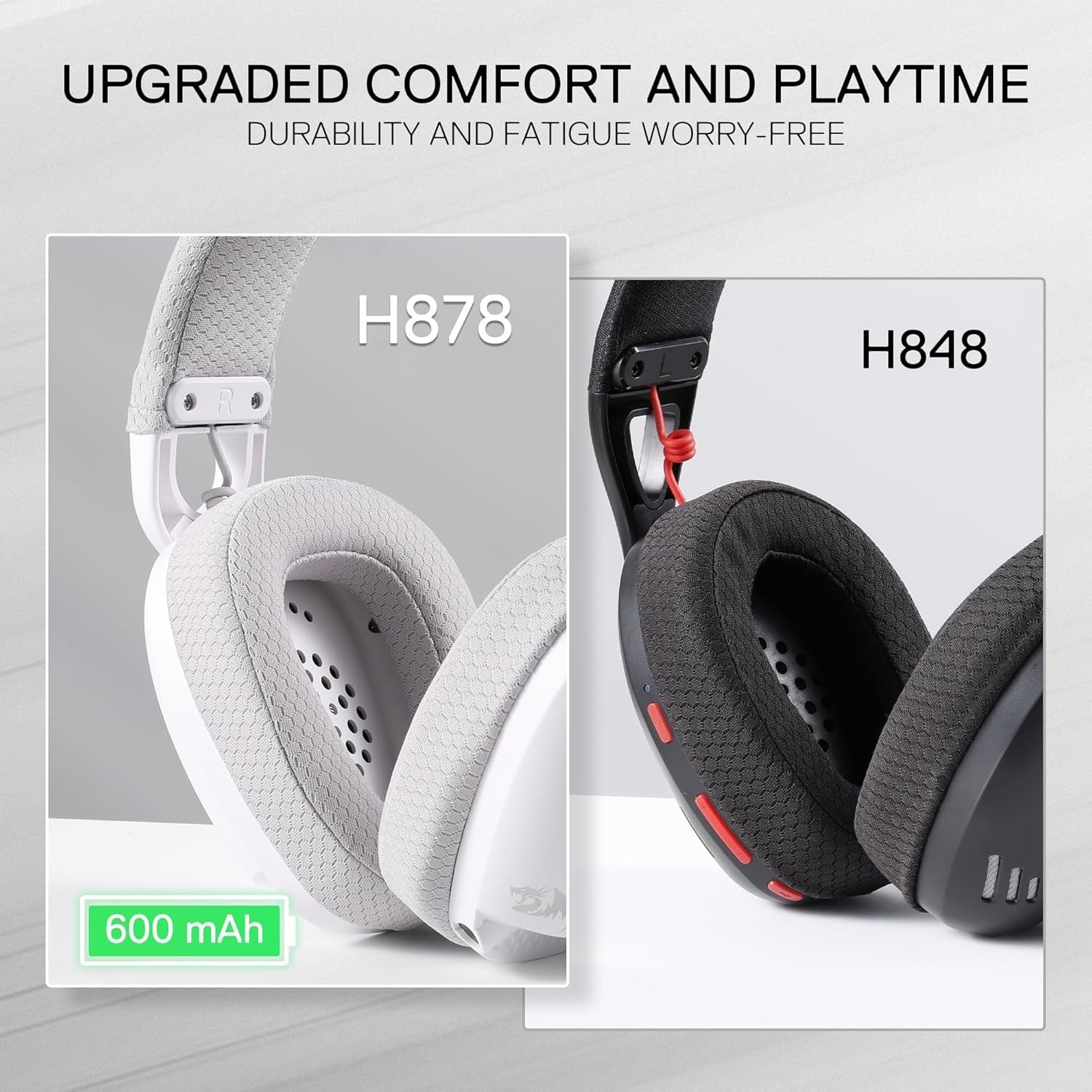 Redragon H878 3-Mode Wireless Blue Lighting Gaming Headset - Lightweight - 7.1 Surround Sound - 40MM Drivers - Detachable Microphone,White&Gray