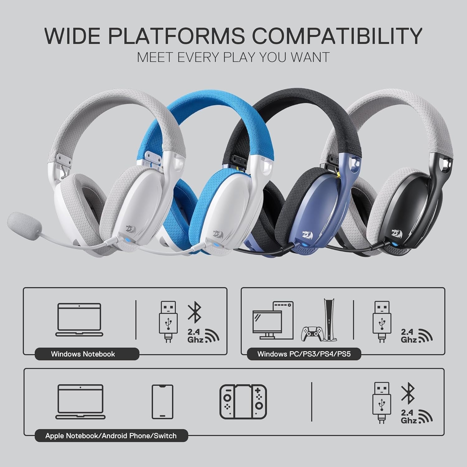Redragon H878 3-Mode Wireless Blue Lighting Gaming Headset - Lightweight - 7.1 Surround Sound - 40MM Drivers - Detachable Microphone,White&Gray