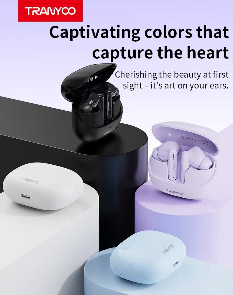 TM26 TRANYOO TWS Bluetooth 5.3 Wireless Bluetooth Earphone Sports Waterproof Gaming Earpod Touch Stereo Headset With Mic White
