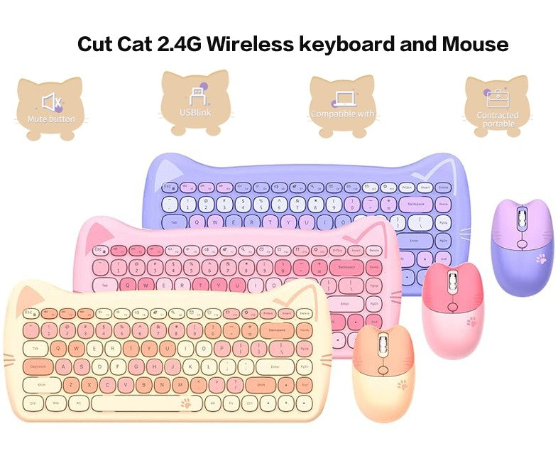 Wireless Keyboard and Mouse Combo Cute Cat Keyboard and Mouse Set 2.4G Soundless IPX4 Splash-Proof Colorful Keys Ergonomic Keyboard & Mouse Gift box