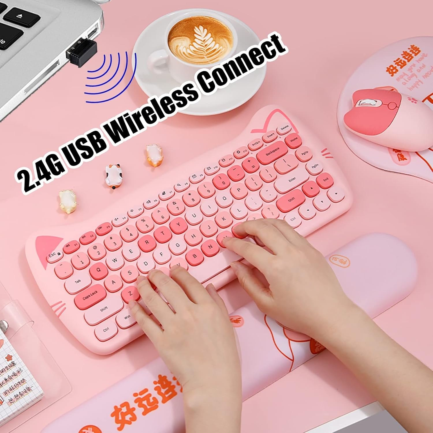 Wireless Keyboard and Mouse Combo Cute Cat Keyboard and Mouse Set 2.4G Soundless IPX4 Splash-Proof Colorful Keys Ergonomic Keyboard & Mouse Gift box