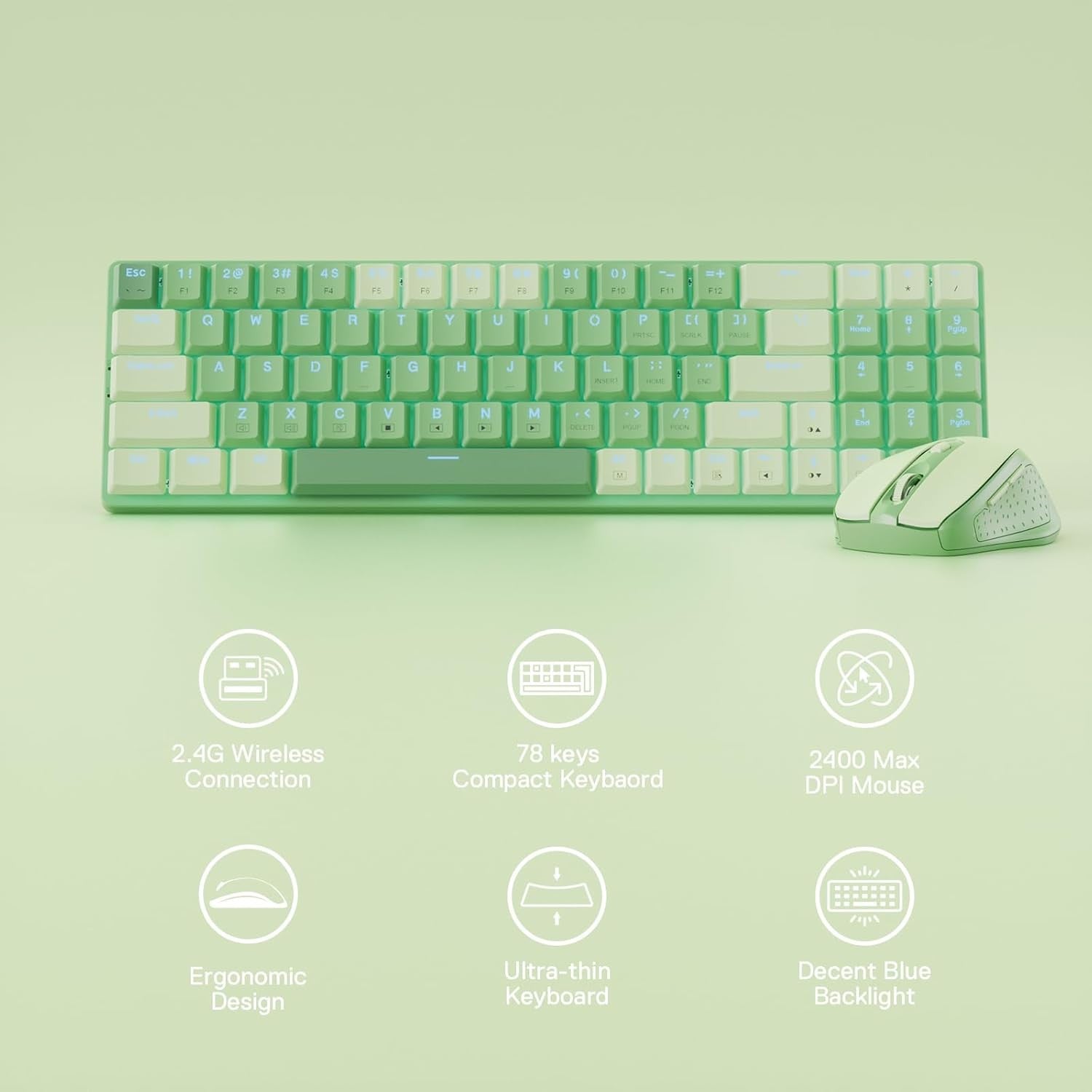 Redragon BS8772 Wireless Keyboard and Mouse Combo 78 Keys 2.4Ghz Wireless Low-Profile Mechanical Keyboard w/Blue Blacklight, 2400 DPI Ergonomic Mouse