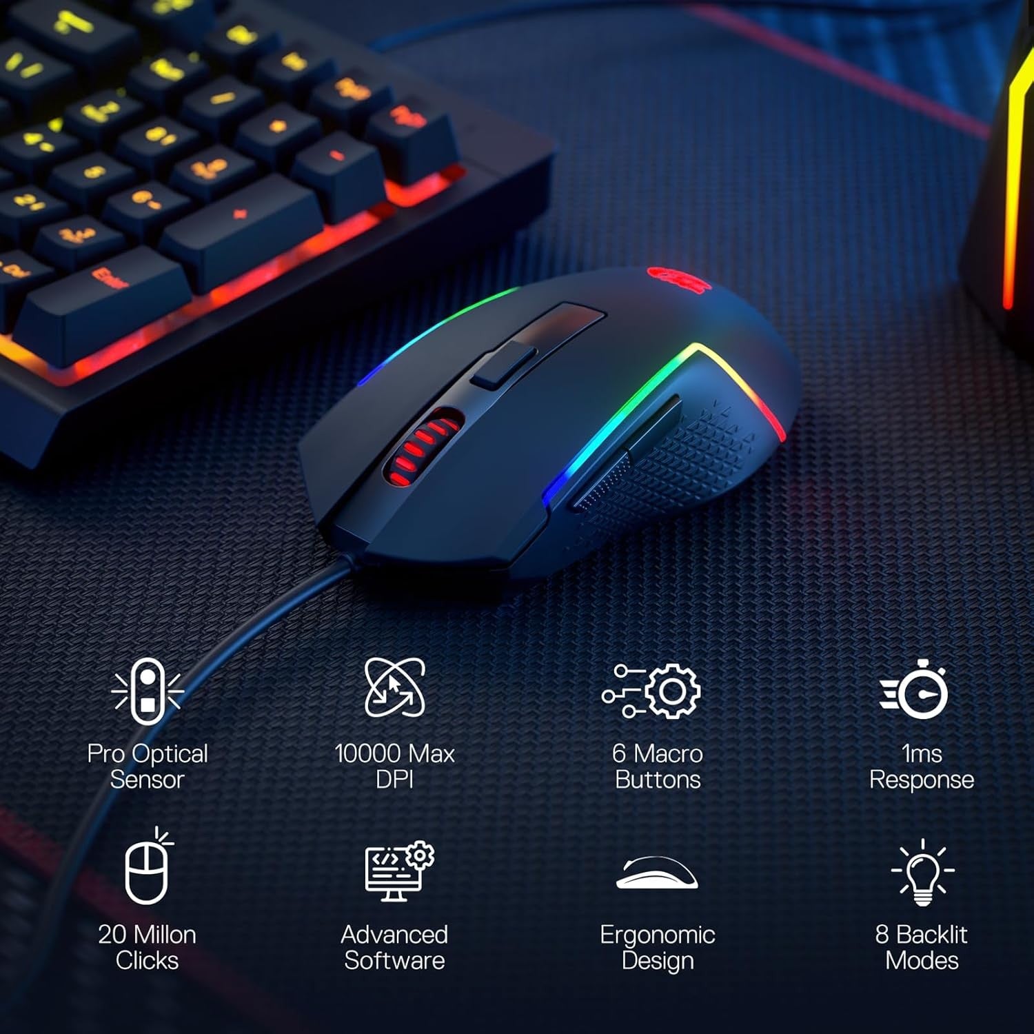 Redragon S141 Gaming Keyboard & Mouse Combo, 98 Keys K515 Wired RGB Membrane Keyboard and 10000 DPI Wired M616 Gaming Mouse Bundle
