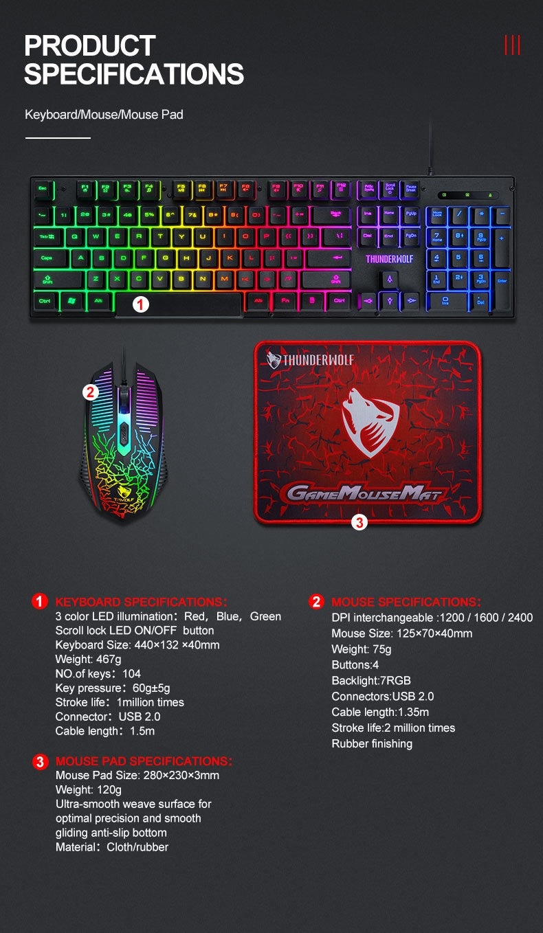 T-WOLF wired keyboard set, three piece game cool luminous keyboard and mouse set