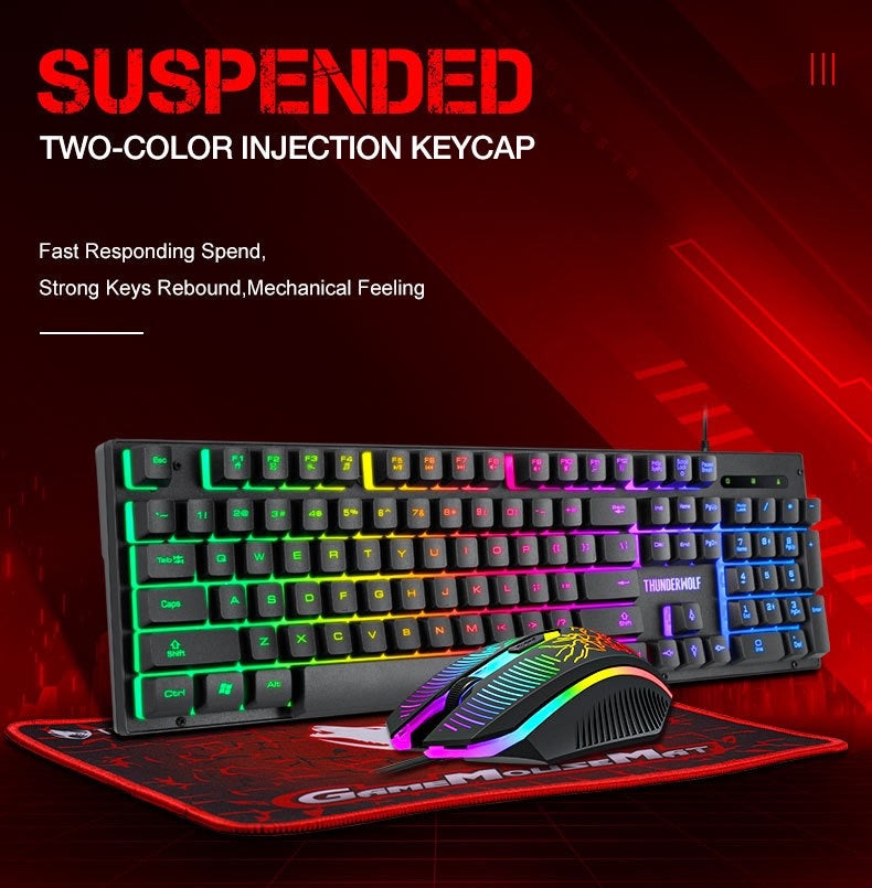 T-WOLF wired keyboard set, three piece game cool luminous keyboard and mouse set