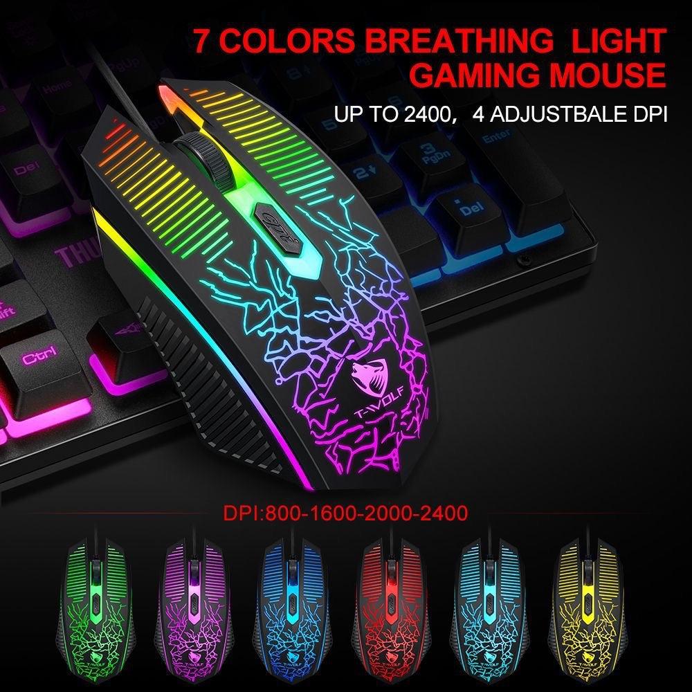 T-WOLF wired keyboard set, three piece game cool luminous keyboard and mouse set