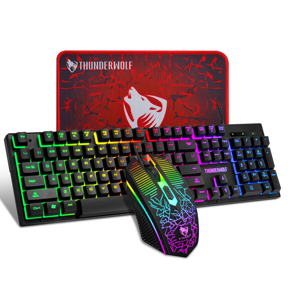T-WOLF wired keyboard set, three piece game cool luminous keyboard and mouse set