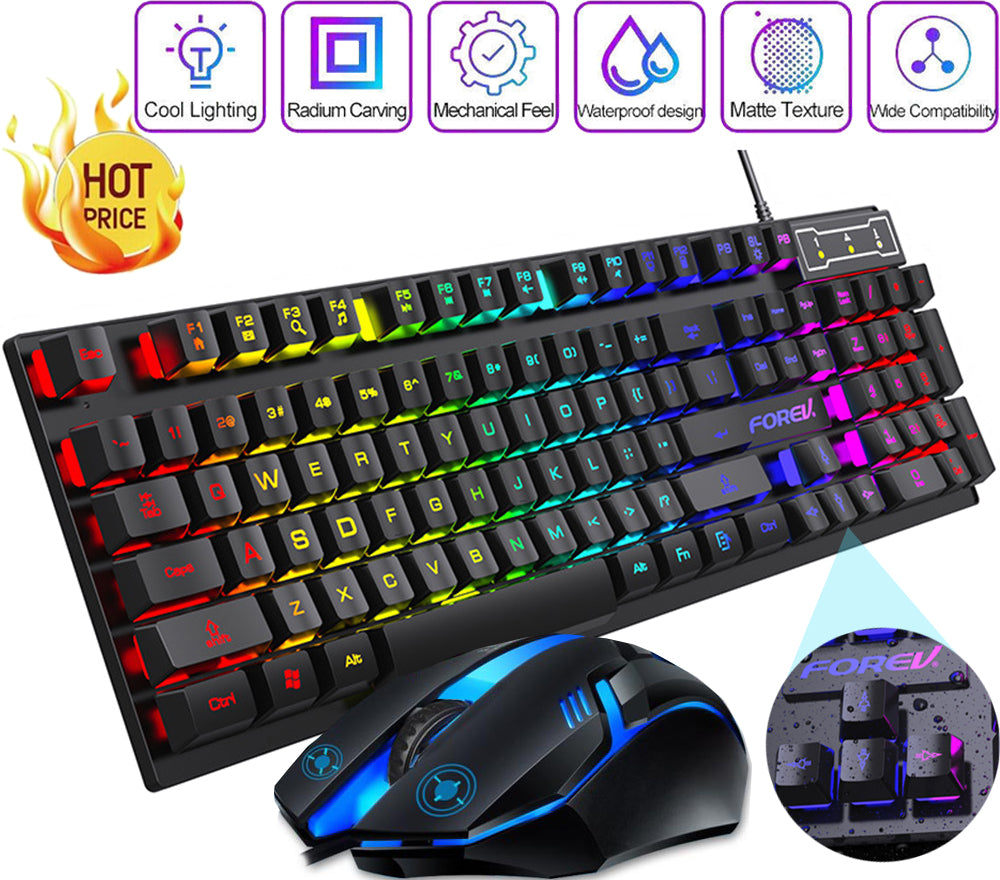 Gaming Keyboard and Mouse Set Wired Keyboard Mechanical Feel 104key Rainbow Membrane keyboard and Mouse Combo High Quality LED Lighting Keyboard Mouse