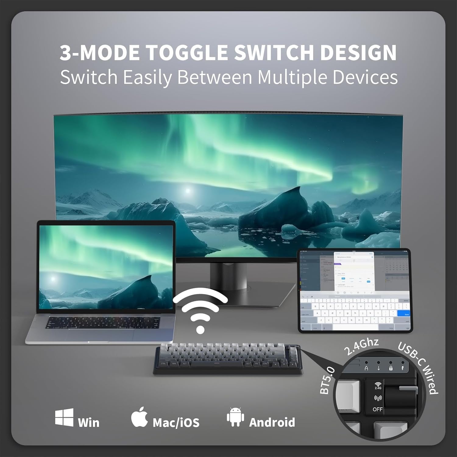 KZZI K75 Lite Wireless 75% Gasket Mount RGB Gaming Hot Swappable 82 Keys 3-Mode Mechanical Keyboard Linear Switches, Aurora