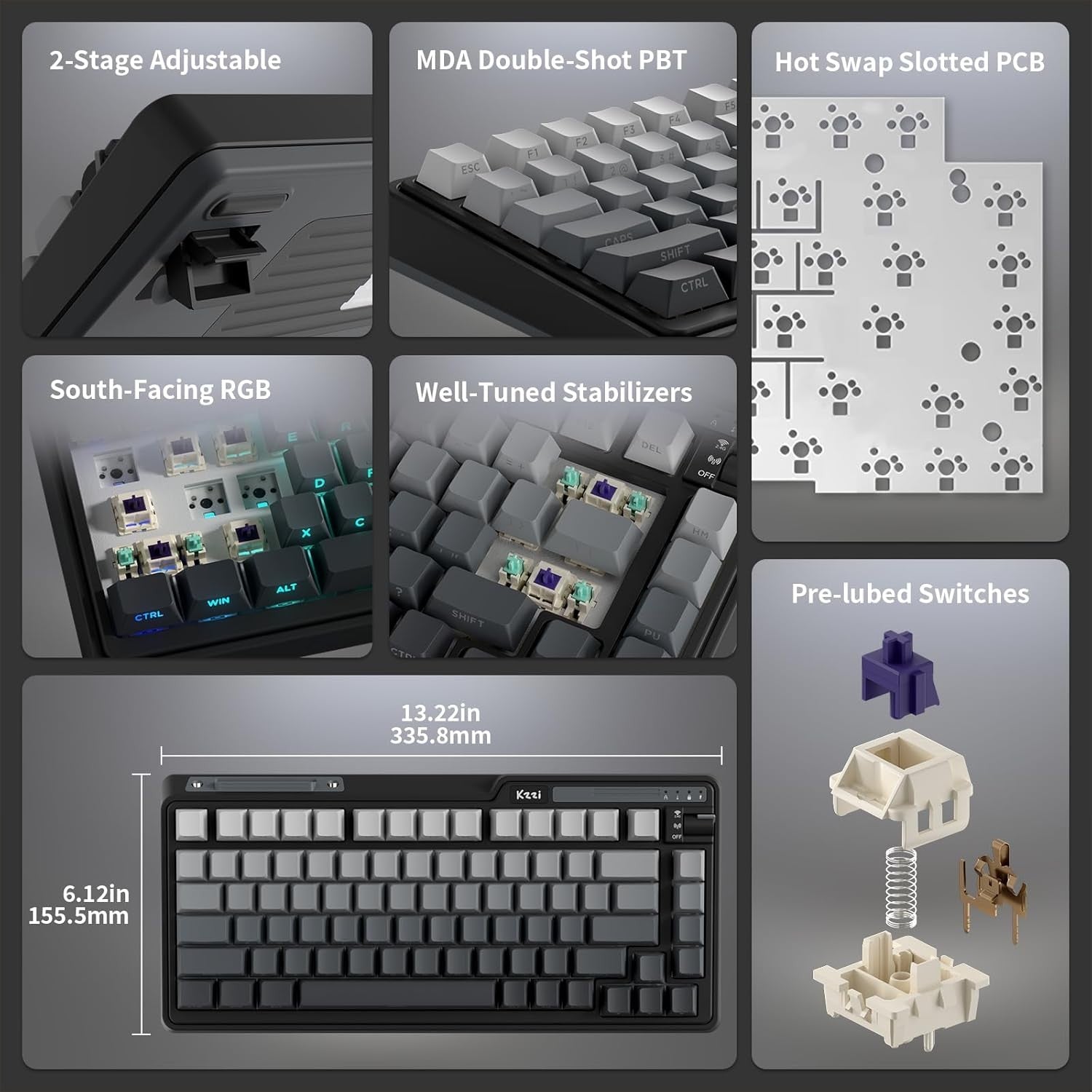 KZZI K75 Lite Wireless 75% Gasket Mount RGB Gaming Hot Swappable 82 Keys 3-Mode Mechanical Keyboard Linear Switches, Aurora