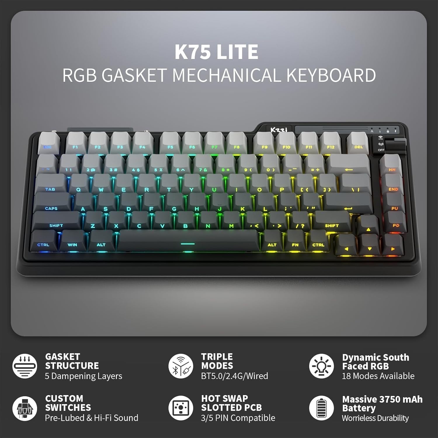 KZZI K75 Lite Wireless 75% Gasket Mount RGB Gaming Hot Swappable 82 Keys 3-Mode Mechanical Keyboard Linear Switches, Aurora