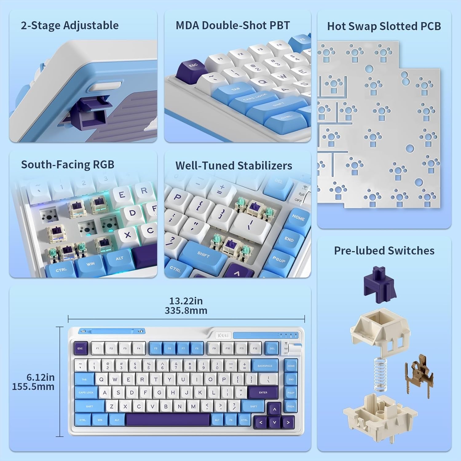 KZZI K75 Lite Wireless Mechanical 75% Gasket Mount RGB 3-Mode Hot Swappable 82 Keys Gaming Keyboard, Grand Sea