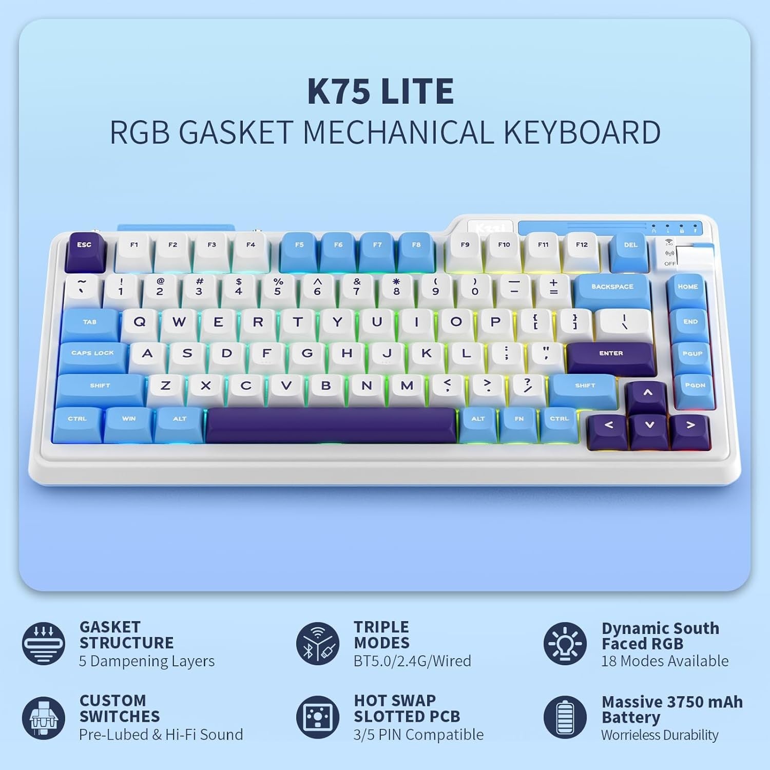 KZZI K75 Lite Wireless Mechanical 75% Gasket Mount RGB 3-Mode Hot Swappable 82 Keys Gaming Keyboard, Grand Sea