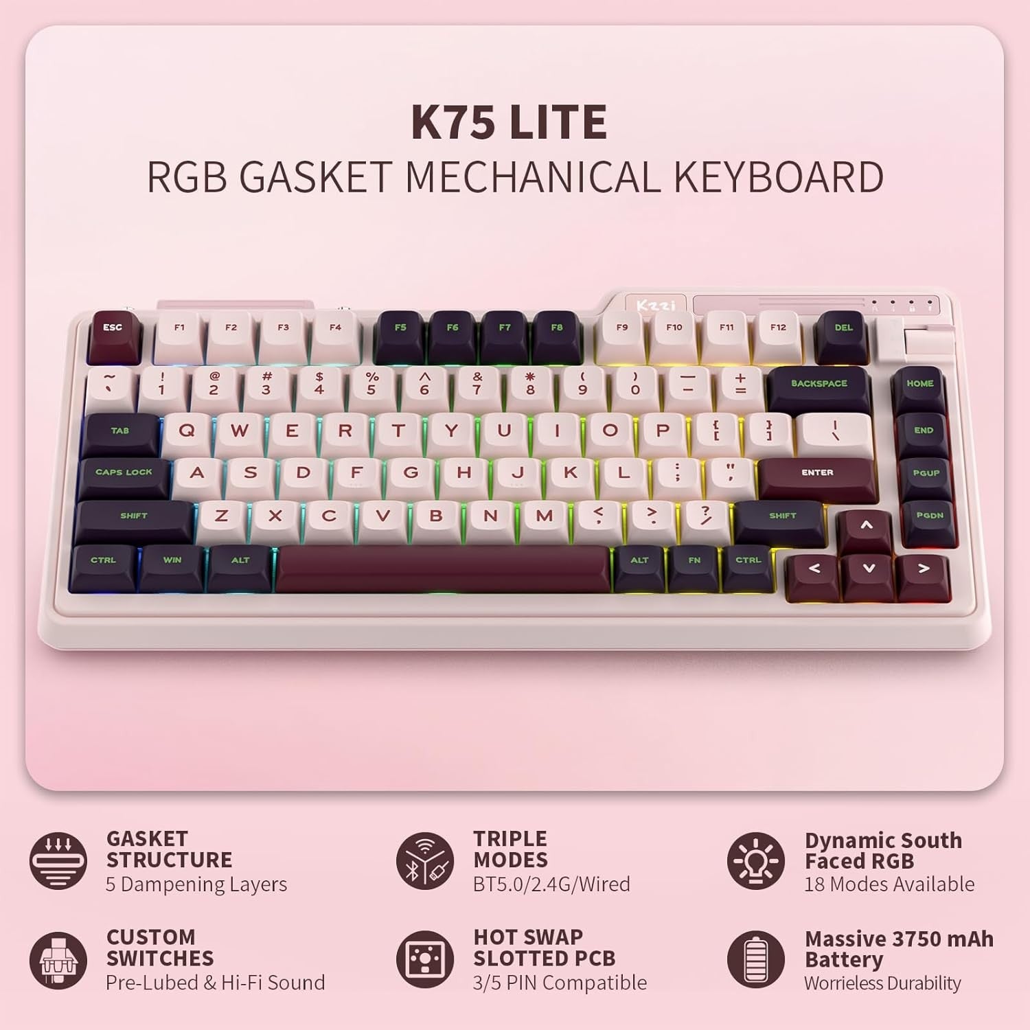 KZZI K75 Lite Wireless Wired Mechanical RGB Gaming Hot Swappable 3-Mode Keyboard Creamy Linear Switches, Compact 82 Keys