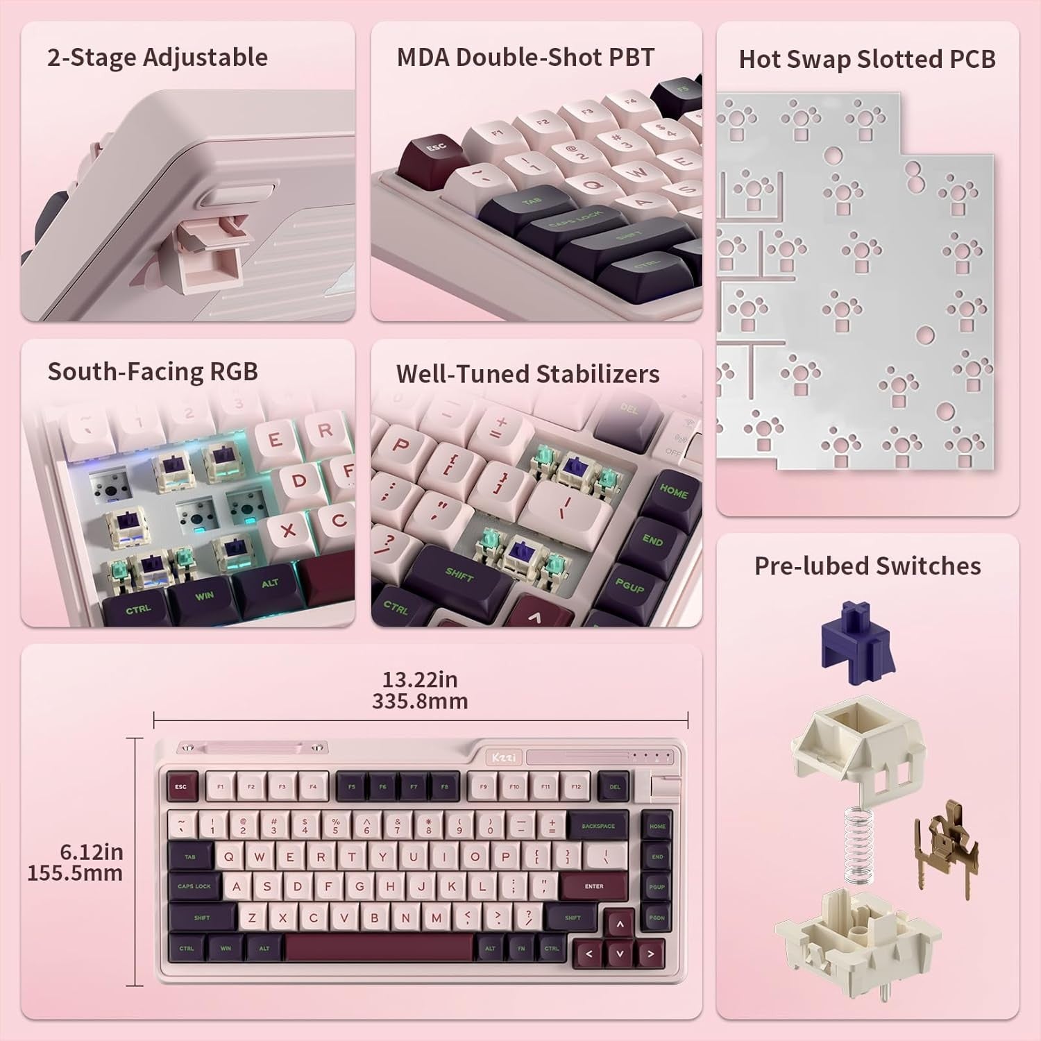 KZZI K75 Lite Wireless Wired Mechanical RGB Gaming Hot Swappable 3-Mode Keyboard Creamy Linear Switches, Compact 82 Keys