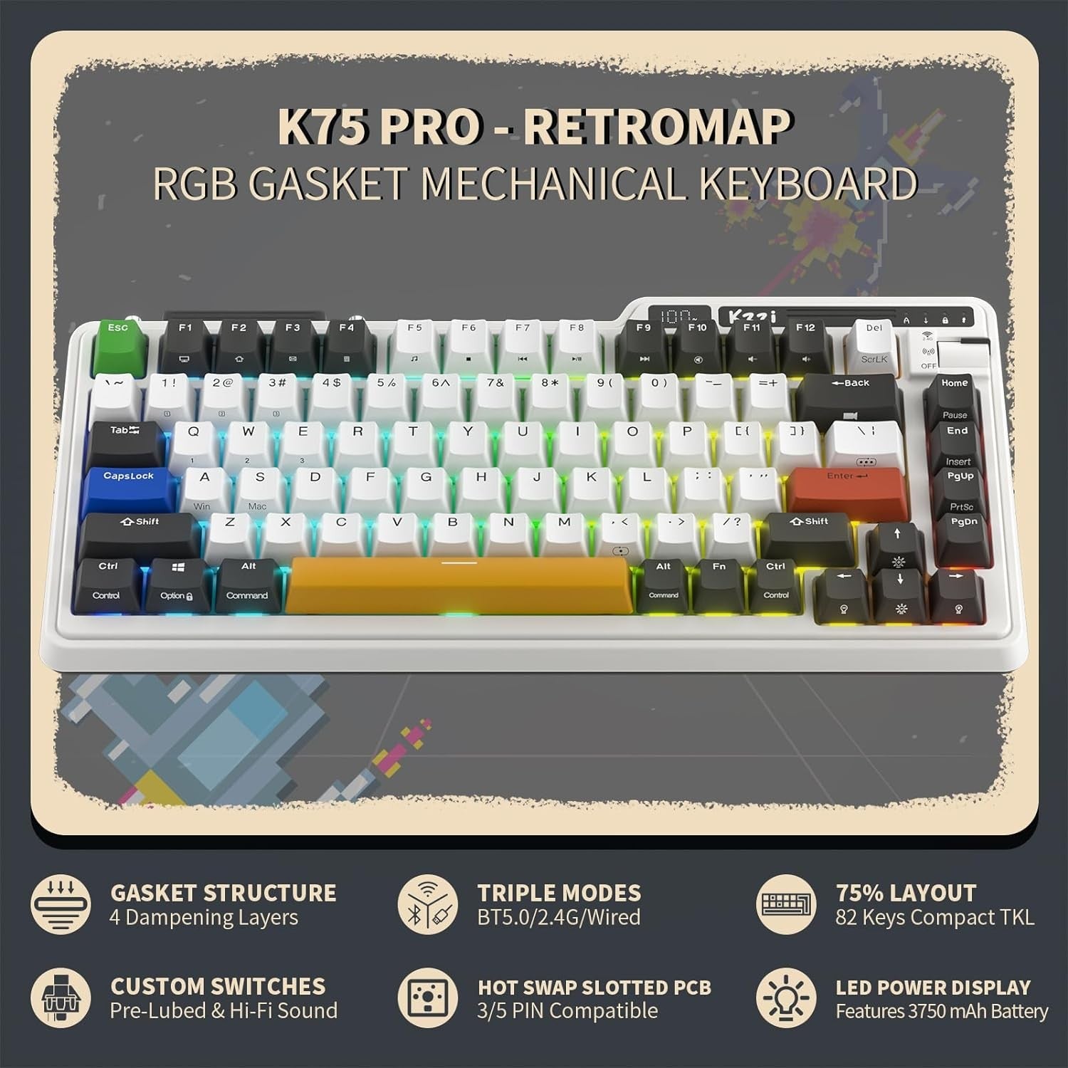KZZI K75 PRO RGB 75% Wireless Gasket Mechanical Custom Tactile Switches BT5.0/2.4G/USB-C 82 Keys Hot Swappable Gaming Keyboard, Black White