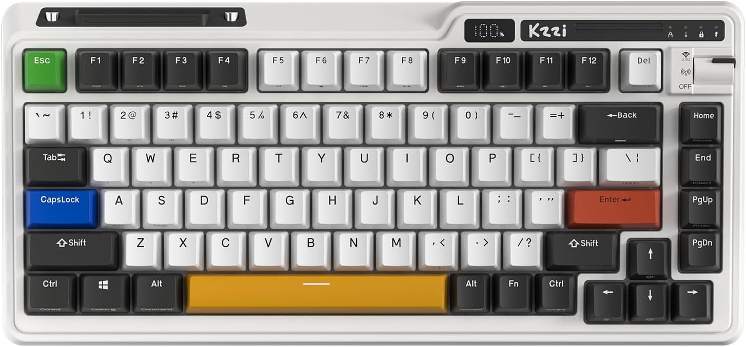 KZZI K75 PRO RGB 75% Wireless Gasket Mechanical Custom Tactile Switches BT5.0/2.4G/USB-C 82 Keys Hot Swappable Gaming Keyboard, Black White