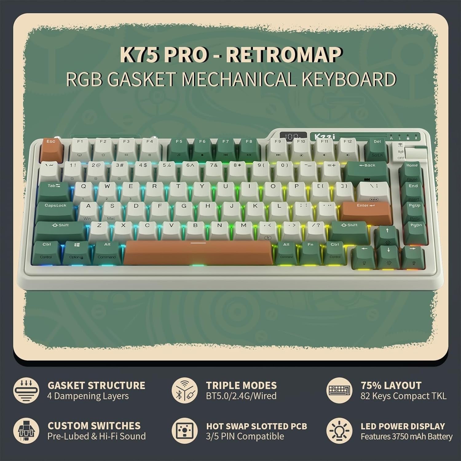 KZZI K75 PRO RGB 75% Wireless Gasket Mechanical Triple Mode BT 5.0/2.4G/USB-C 82 Keys Hot Swappable Gaming Keyboard Custom Tactile Switches, Green