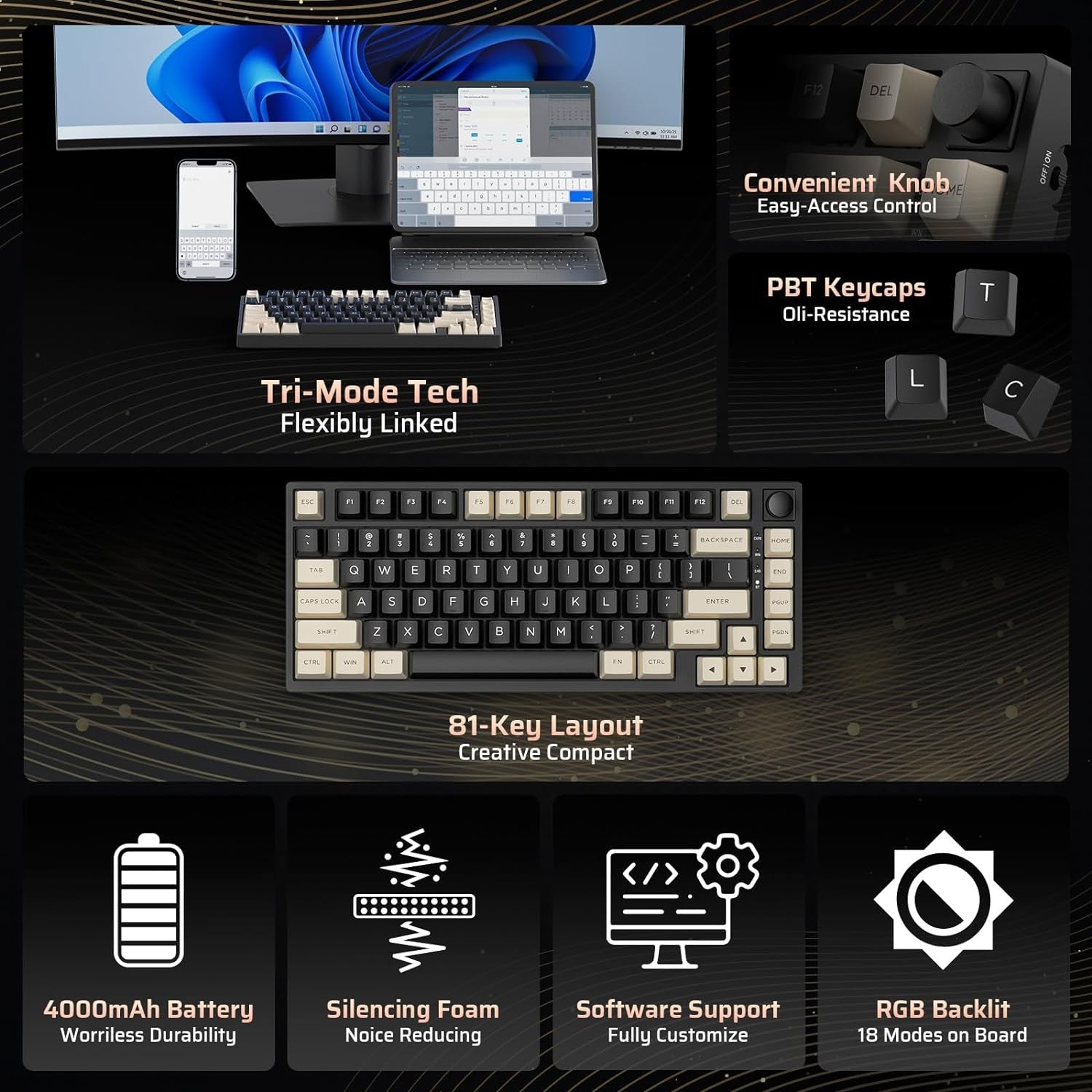 LTC Nimbleback NB831 Wireless 75% 3 Mode BT5.0/2.4Ghz/USB-C Wired 81 Keys RGB PBT Keycaps Hot Swappable Mechanical Keyboard, Cookie Black