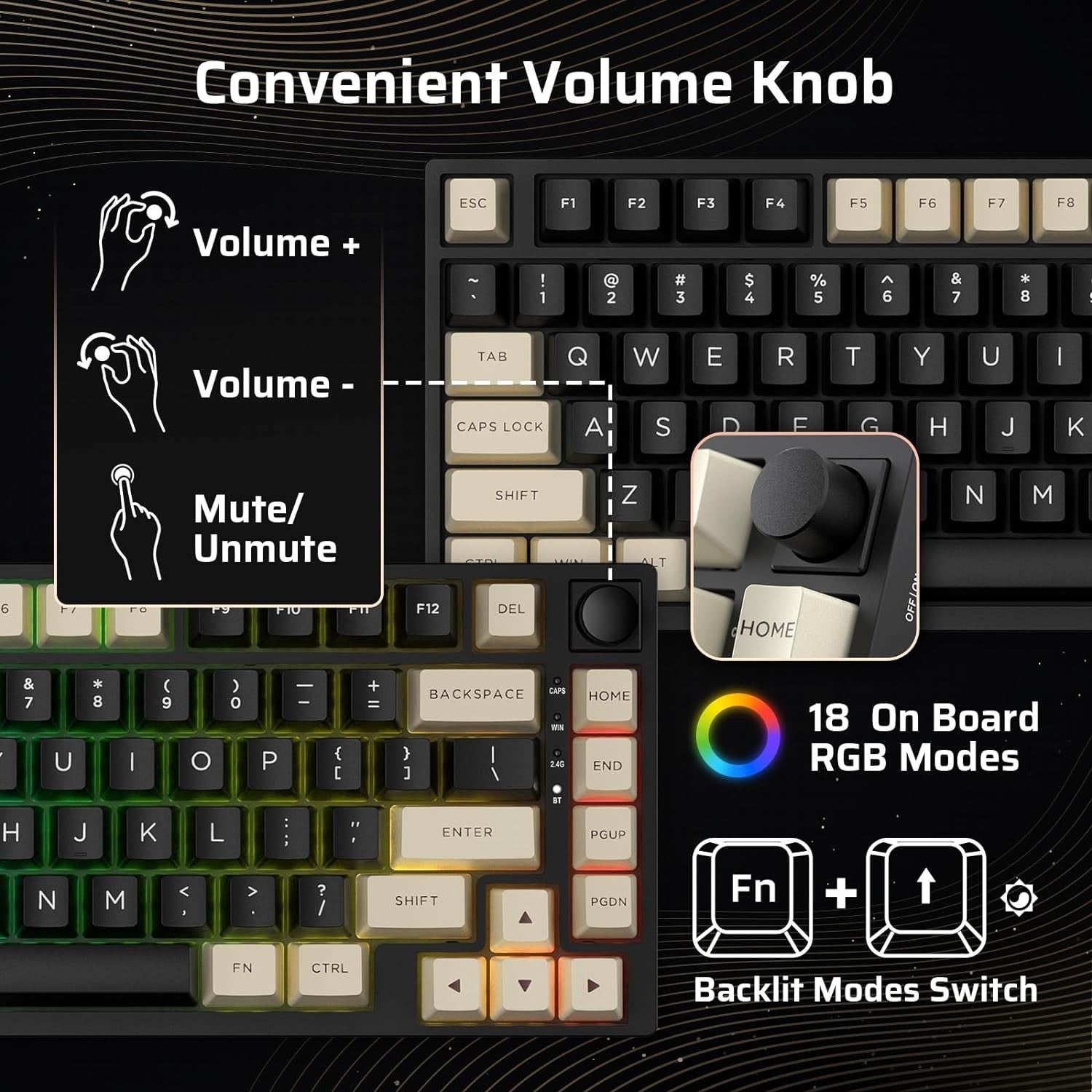 LTC Nimbleback NB831 Wireless 75% 3 Mode BT5.0/2.4Ghz/USB-C Wired 81 Keys RGB PBT Keycaps Hot Swappable Mechanical Keyboard, Cookie Black