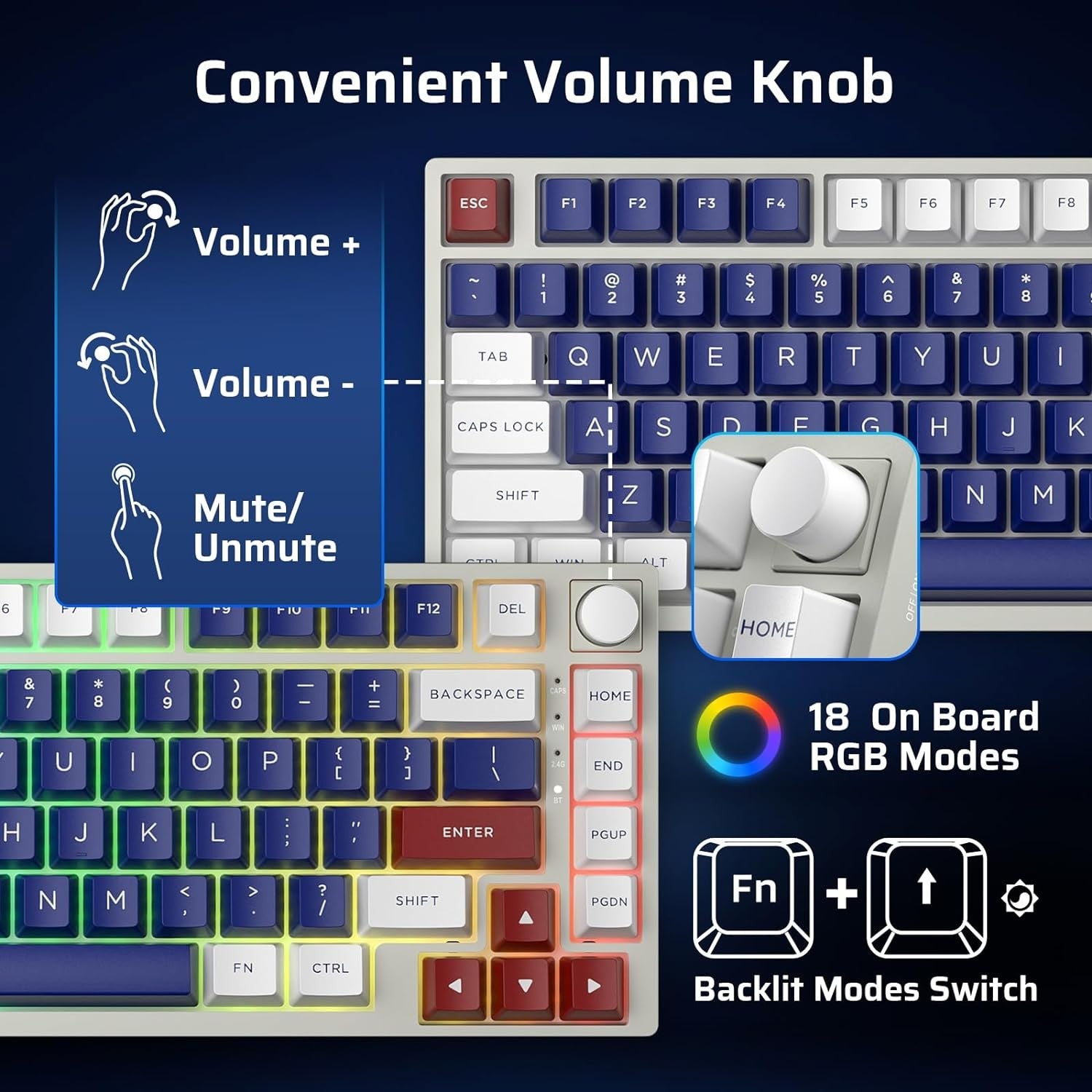 LTC Nimbleback NB831 Wireless 75% 3 Mode BT5.0/2.4Ghz/USB-C Wired 81 Keys RGB PBT Keycaps Hot Swappable Mechanical Keyboard, Mecha Blue