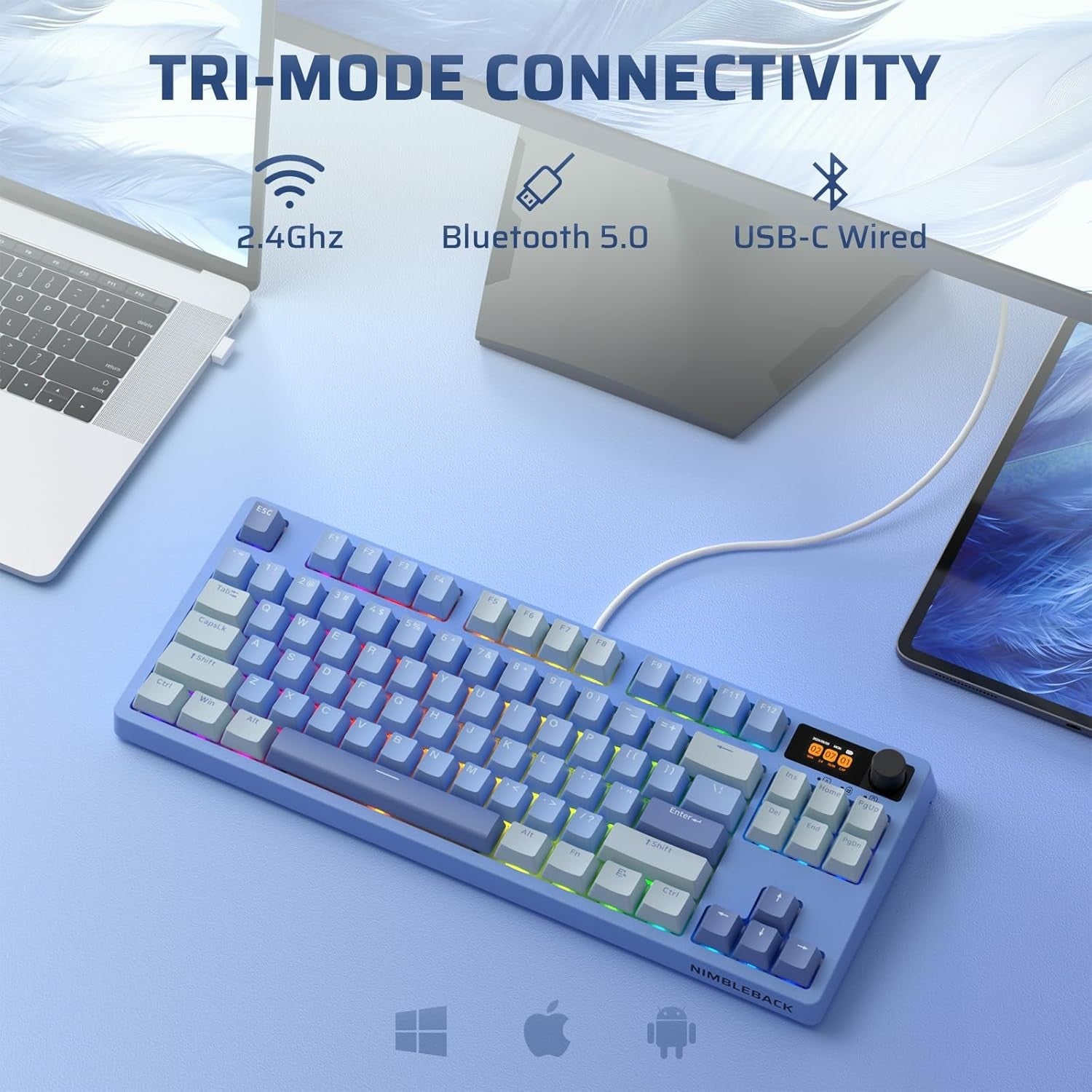 LTC Nimbleback NB841 PRO 75% Wireless 2.4G/ BT/USB-C Wired RGB 84 Keys Gaming Mechanical 3-Layer Dampener, Hot Swap PCB Keyboard Lake Blue Switches, B