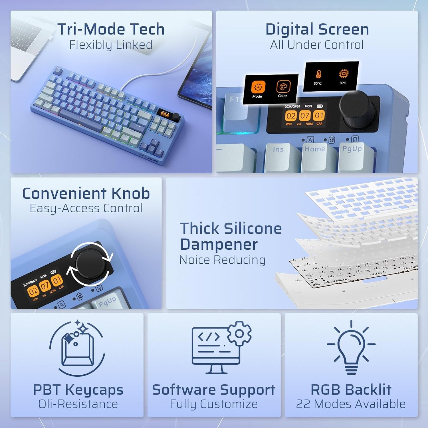 LTC Nimbleback NB841 PRO 75% Wireless 2.4G/ BT/USB-C Wired RGB 84 Keys Gaming Mechanical 3-Layer Dampener, Hot Swap PCB Keyboard Lake Blue Switches, B