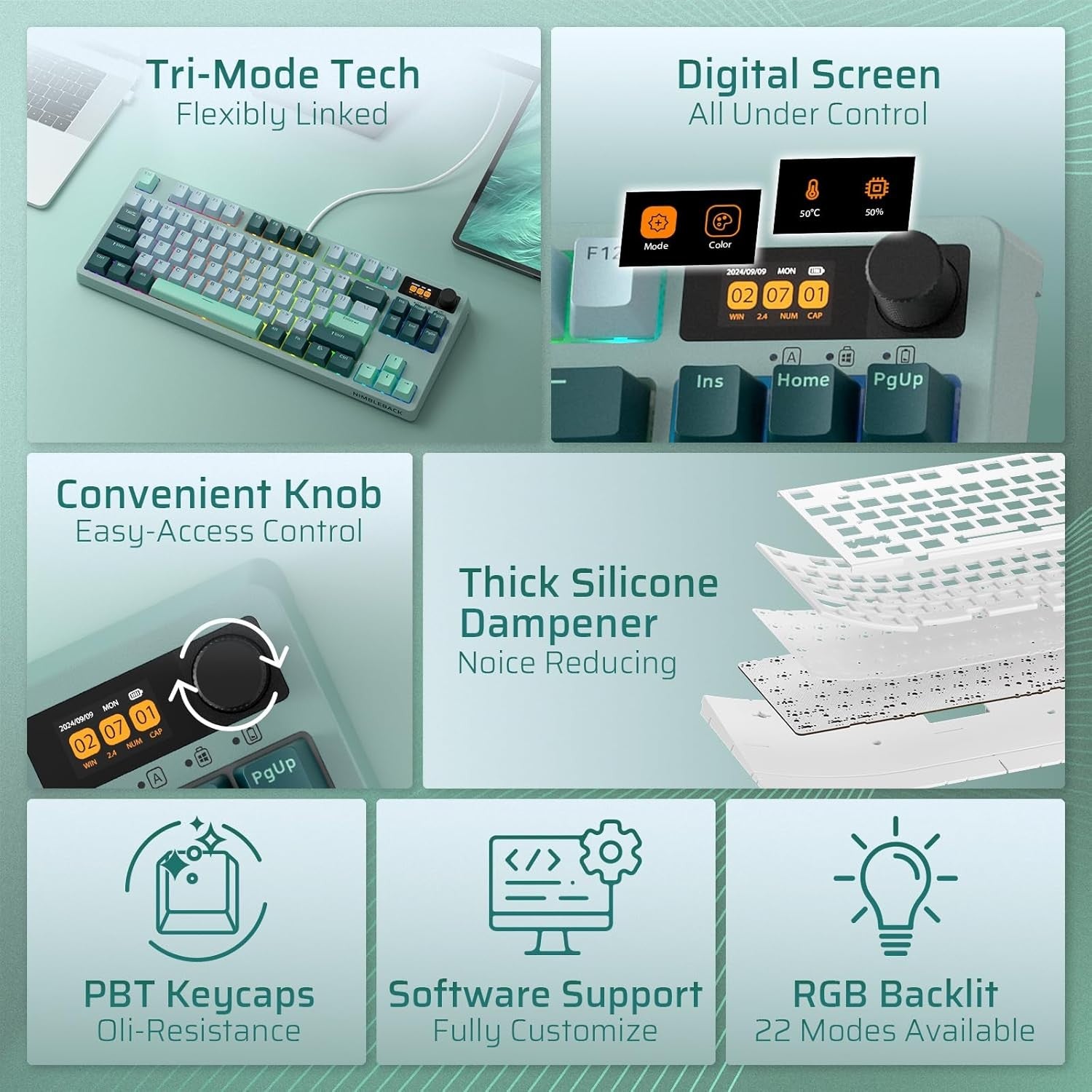 LTC Nimbleback NB841 PRO 75% Wireless 2.4G/ BT/USB-C Wired RGB 84 Keys Gaming Mechanical 3-Layer Dampener, Hot Swap PCB Keyboard Lake Blue Switches, G