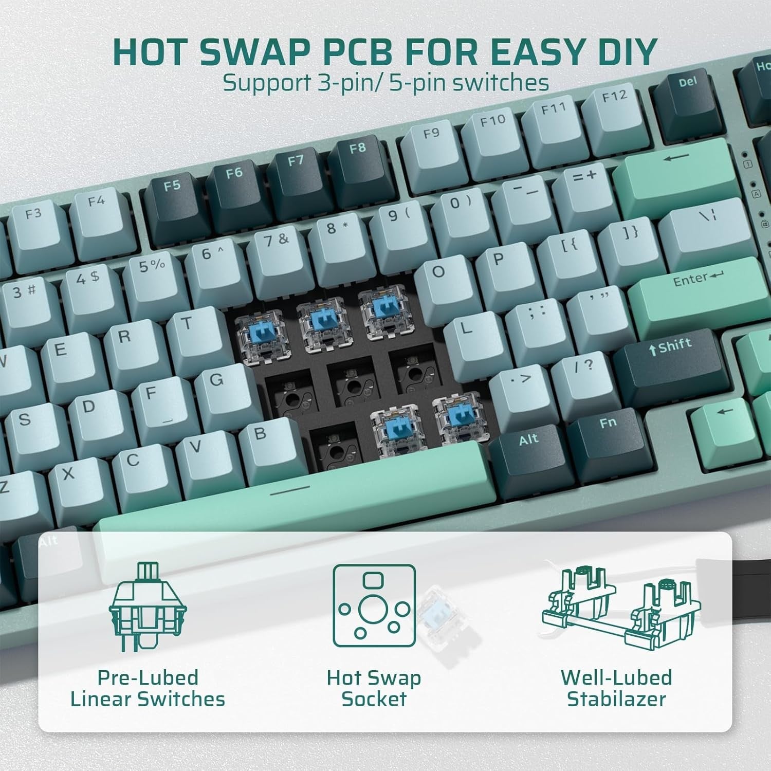 LTC Nimbleback NB981 95% Wireless Mechanical 2.4G/ BT/USB-C Wired RGB 98 Keys Gaming 3-Layer Dampener, Hot Swap Keyboard,Lake Blue Switches,Green