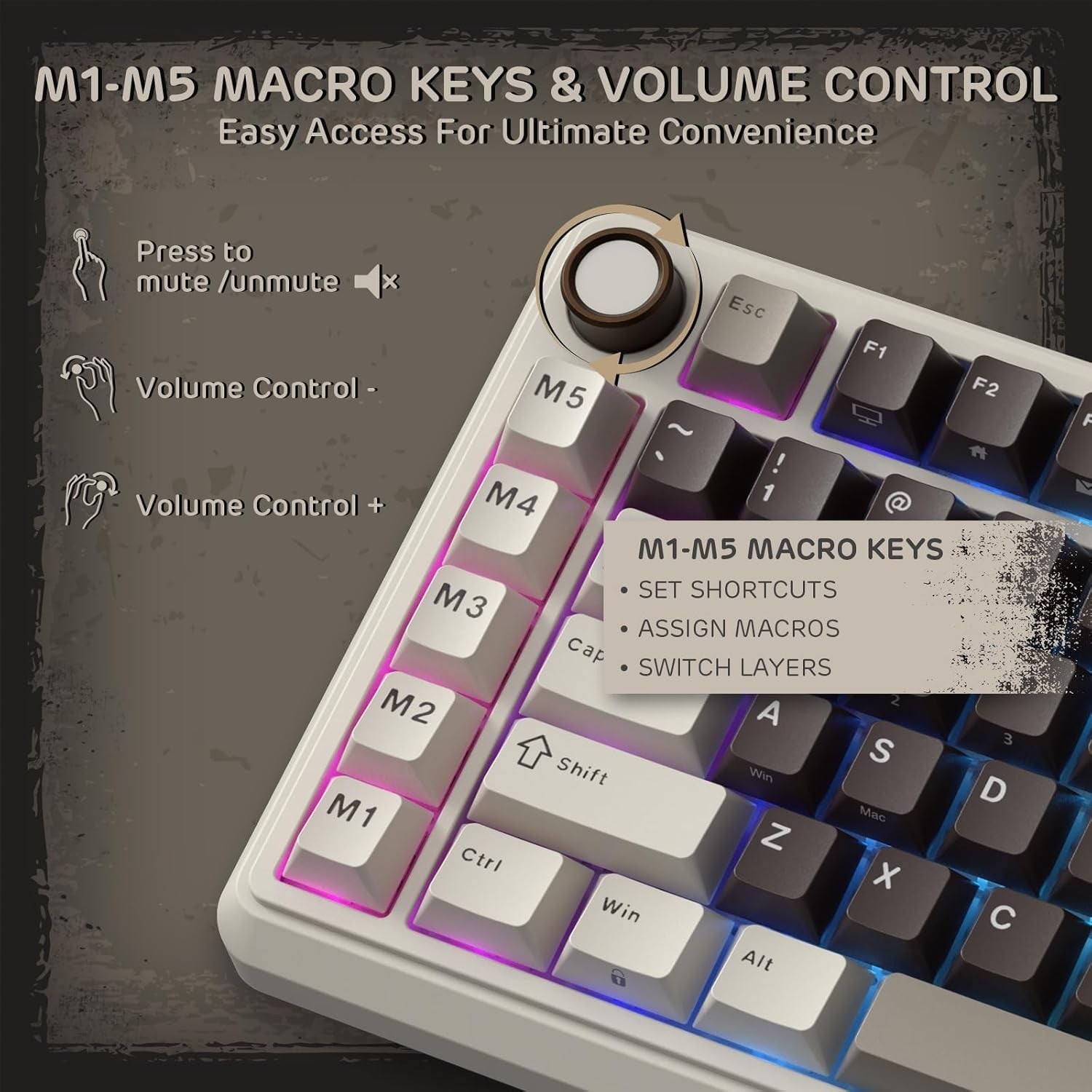 RK ROYAL KLUDGE Mechanical Keyboard L75, RGB, 2.4Ghz/BT/Wired, Cream Switch, Mocha Gray