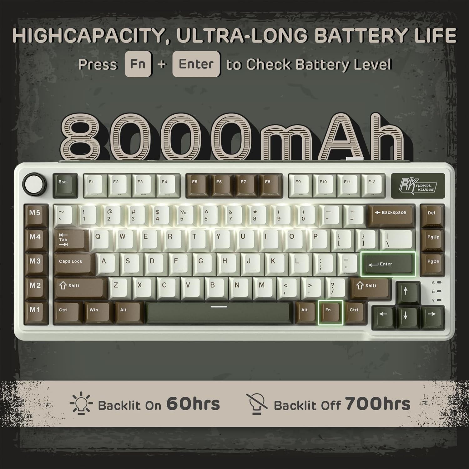 RK ROYAL KLUDGE Mechanical Keyboard L75, RGB, 2.4Ghz/BT/Wired, Cream Switch, Palm Green