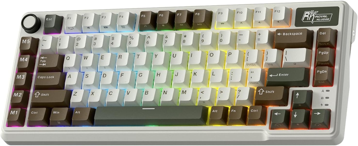 RK ROYAL KLUDGE Mechanical Keyboard L75, RGB, 2.4Ghz/BT/Wired, Cream Switch, Palm Green