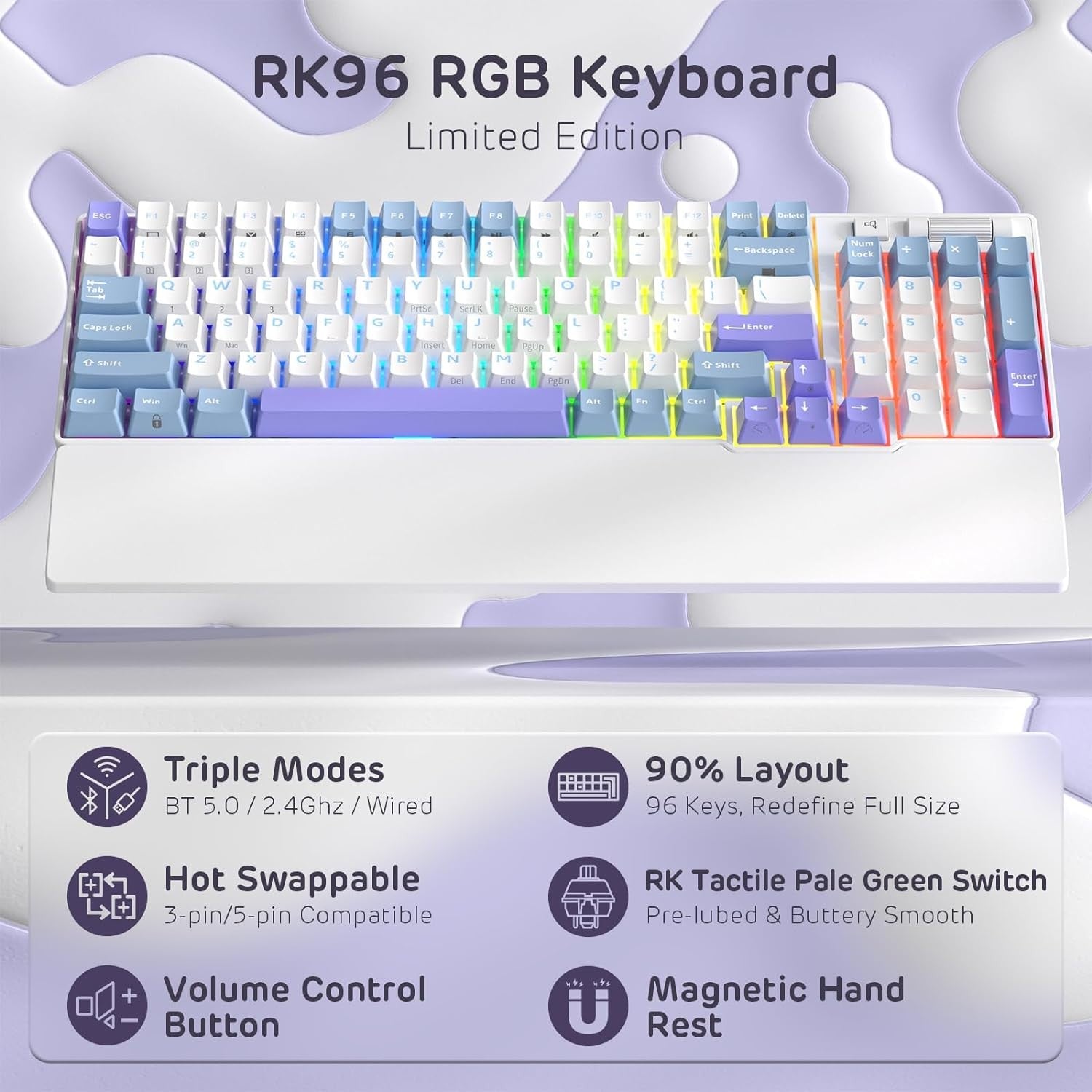 RK ROYAL KLUDGE Mechanical Keyboard RK96, RGB, 2.4Ghz/BT/Wired, Spring Rain Switches, White, Mixed Color