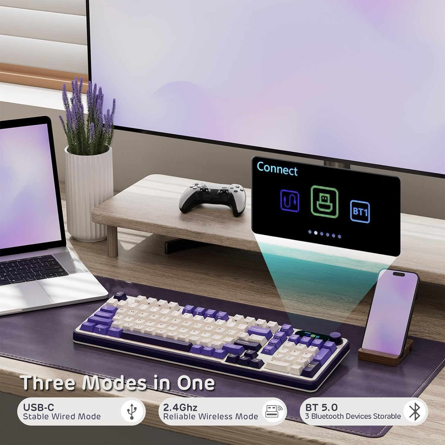 RK ROYAL KLUDGE Mechanical Keyboard S98, RGB, 2.4Ghz/BT/Wired, Misty Rain Switches, White, Mixed Color