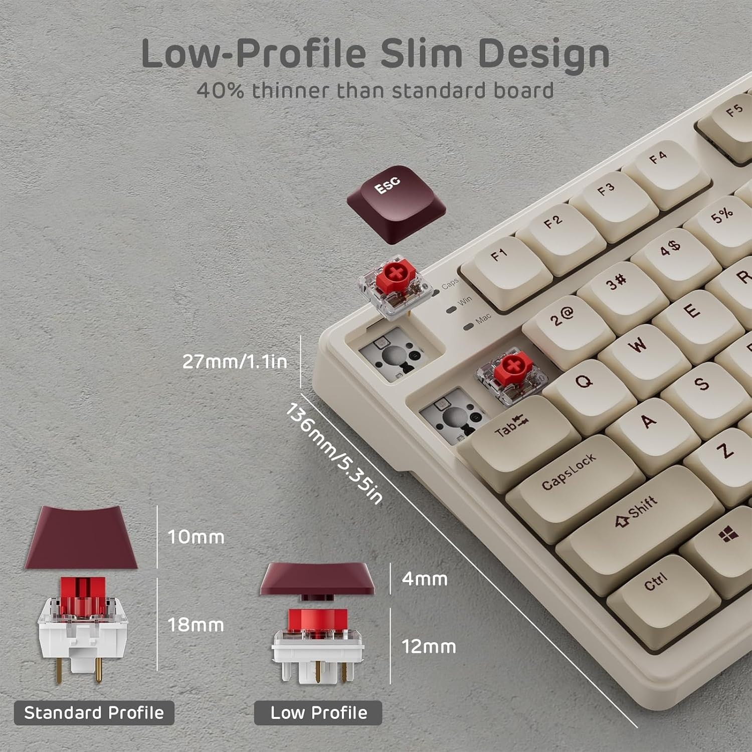 RK ROYAL KLUDGE N80 Low Profile Mechanical Keyboard w/Smart Display Screen & Knob, 75% Top Mount 3-Modes Wireless, Quiet Red Switch
