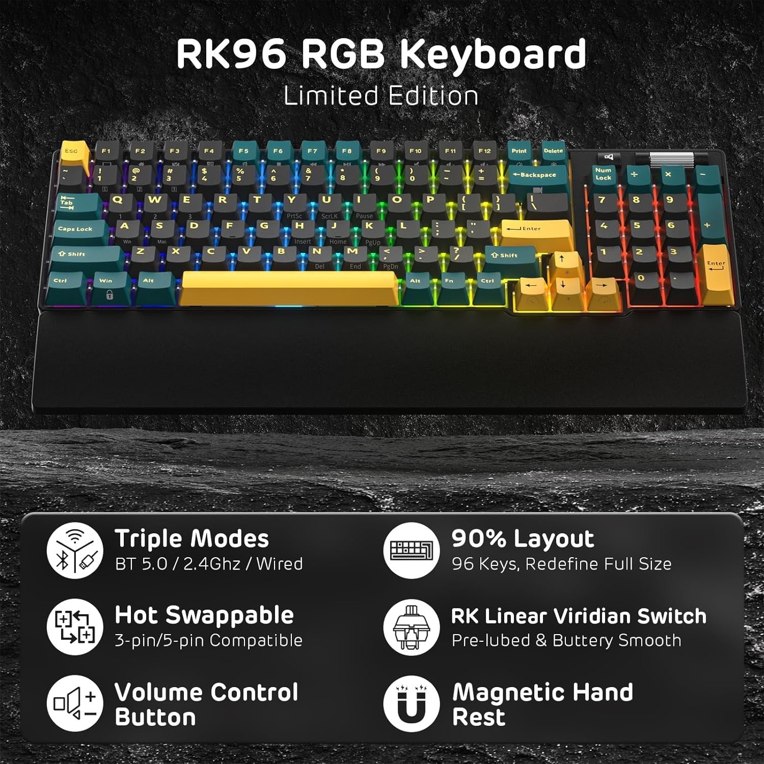 RK ROYAL KLUDGE RK96 RGB Limited Ed, 90% 96 Keys Wireless 3-Mode BT5.0/2.4G/USB-C Hot Swappable Mechanical Keyboard RK Viridian Switch