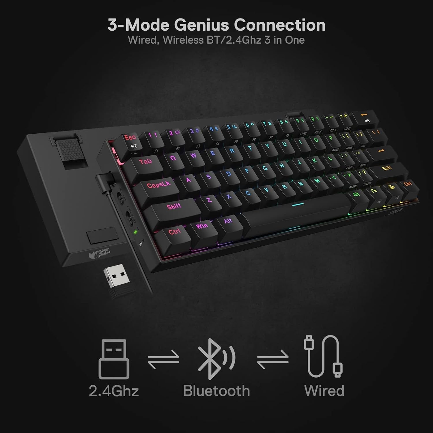 Redragon K530 Pro Draconic 60% Wireless RGB Gaming Mechanical Keyboard Hot-Swap BT/2.4Ghz/Wired 3-Mode 61 Keys Blue Switch