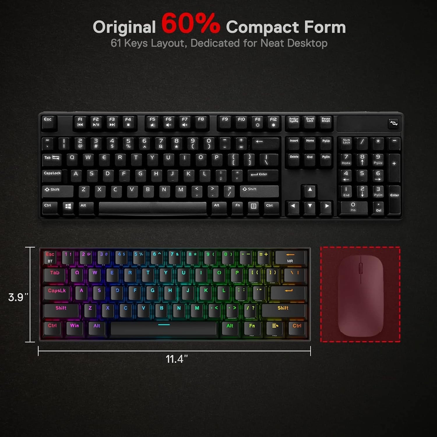 Redragon K530 Pro Draconic 60% Wireless RGB Gaming Mechanical Keyboard Hot-Swap BT/2.4Ghz/Wired 3-Mode 61 Keys Blue Switch
